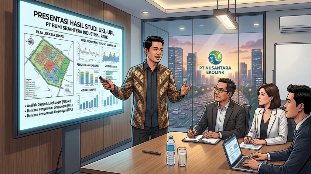 Konsultan mempresentasikan hasil kajian jasa UKL UPL SPPL kepada klien