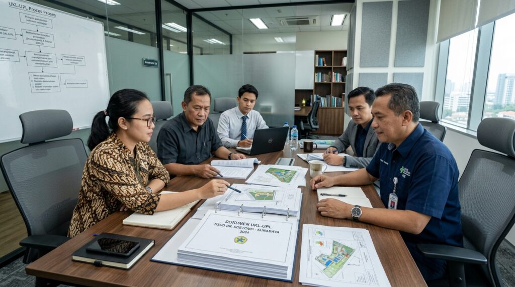 Konsultan menjelaskan proses mengurus UKL UPL SPPL kepada manajer rumah sakit