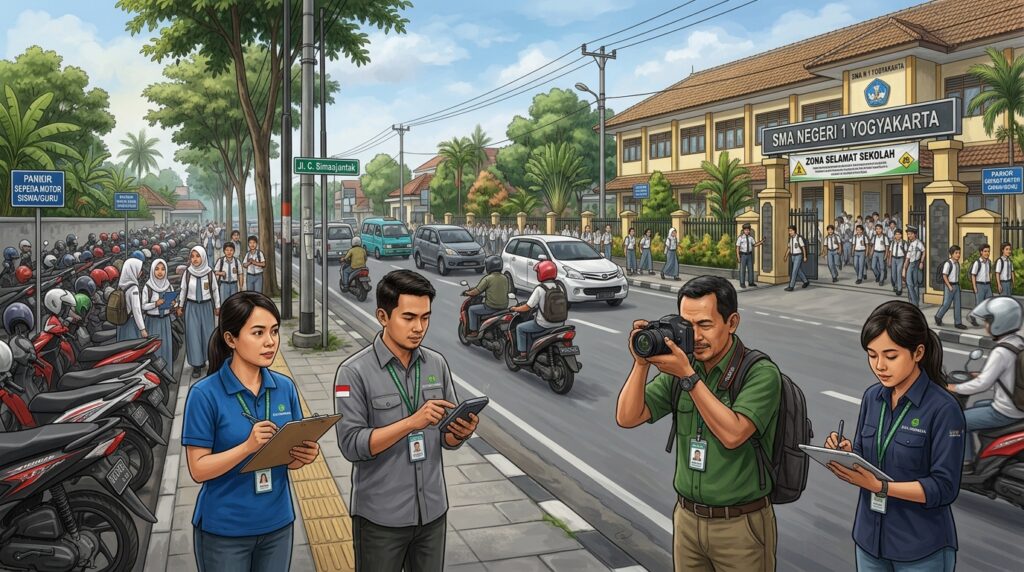 Tim konsultan mendampingi Pemilik Sekolah UKL UPL dalam survei lingkungan bangunan