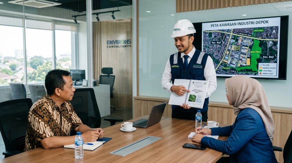 Konsultan menjelaskan Berapa Biaya AMDAL Depok kepada klien industri