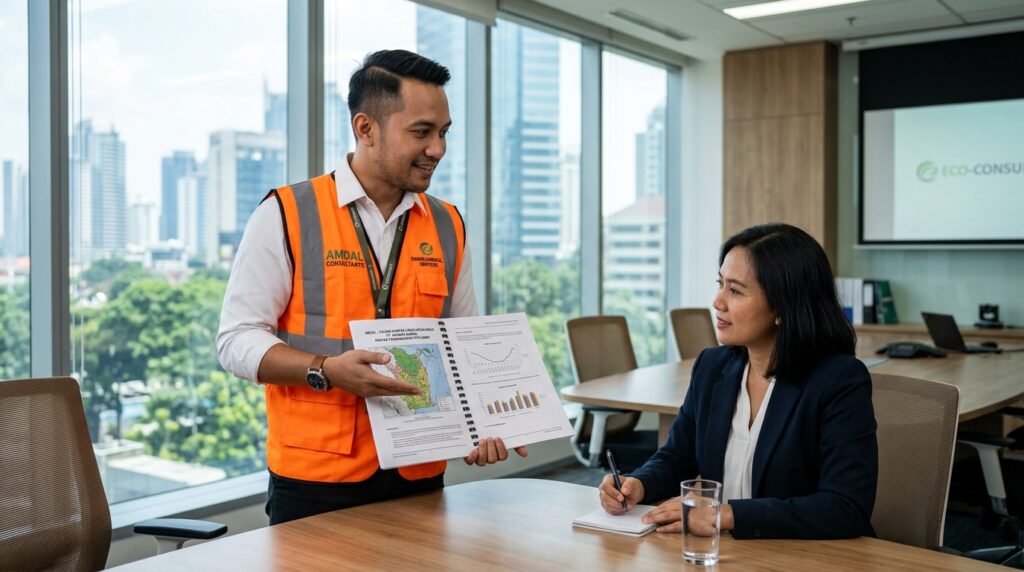 Konsultan menjelaskan Panduan Memilih AMDAL Tepat kepada klien industri