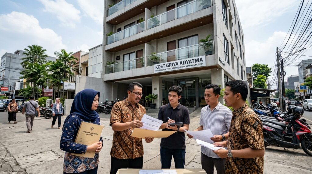 Pemilik Kost kostan AMDAL sedang berkonsultasi dokumen lingkungan di depan bangunan kos