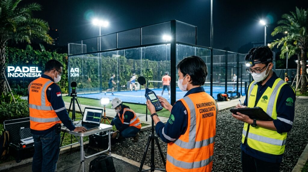 Konsultan lingkungan mengukur dampak kebisingan untuk Manfaat UKL UPL SPPL venue padel