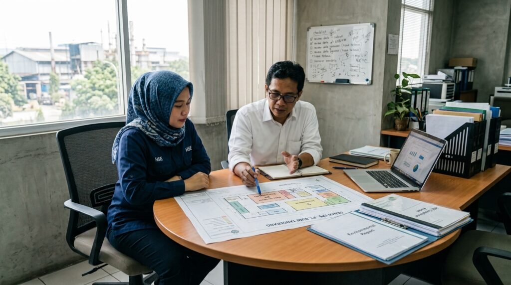 Konsultan dan manajer HSE membahas dokumen teknis TPS limbah B3 di ruang rapat pabrik
