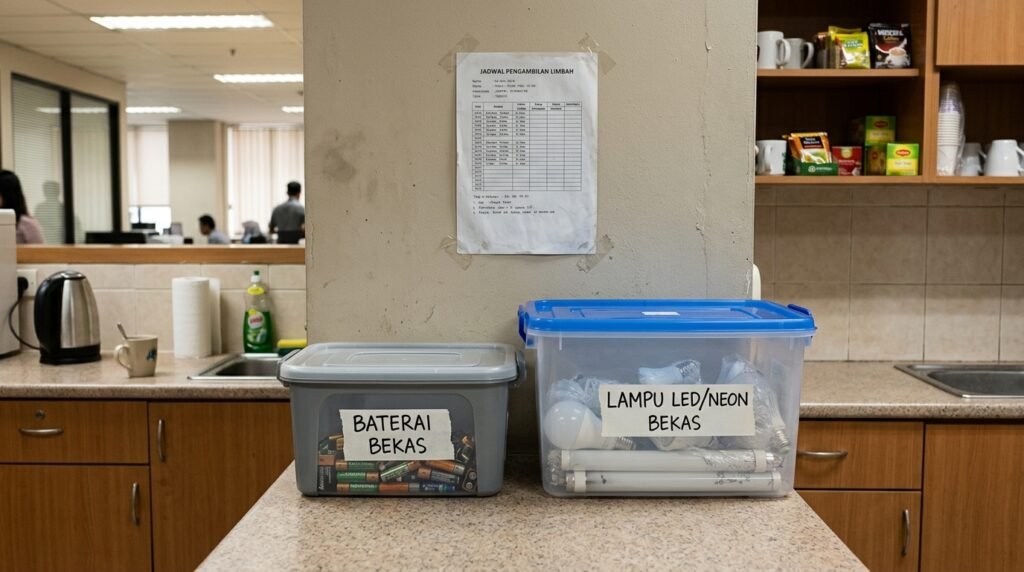 Wadah terpisah untuk baterai dan lampu bekas di sudut pantry kantor