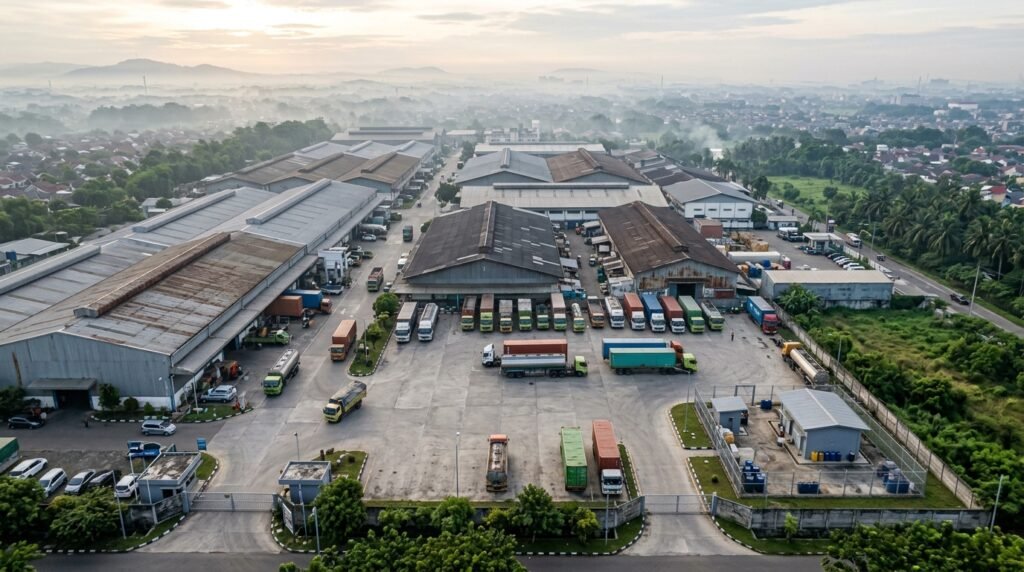 Tampak udara kompleks pabrik dengan TPS limbah B3 di sudut halaman