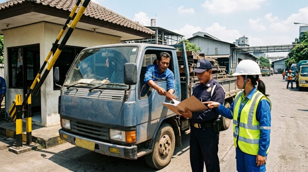 Petugas gerbang dan staf HSE memeriksa dokumen sebelum truk pengangkut limbah keluar pabrik