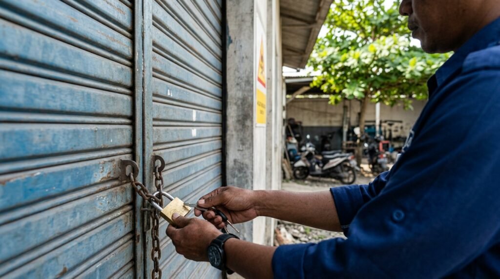 Penjaga membuka gembok pintu TPS limbah B3 di halaman bengkel