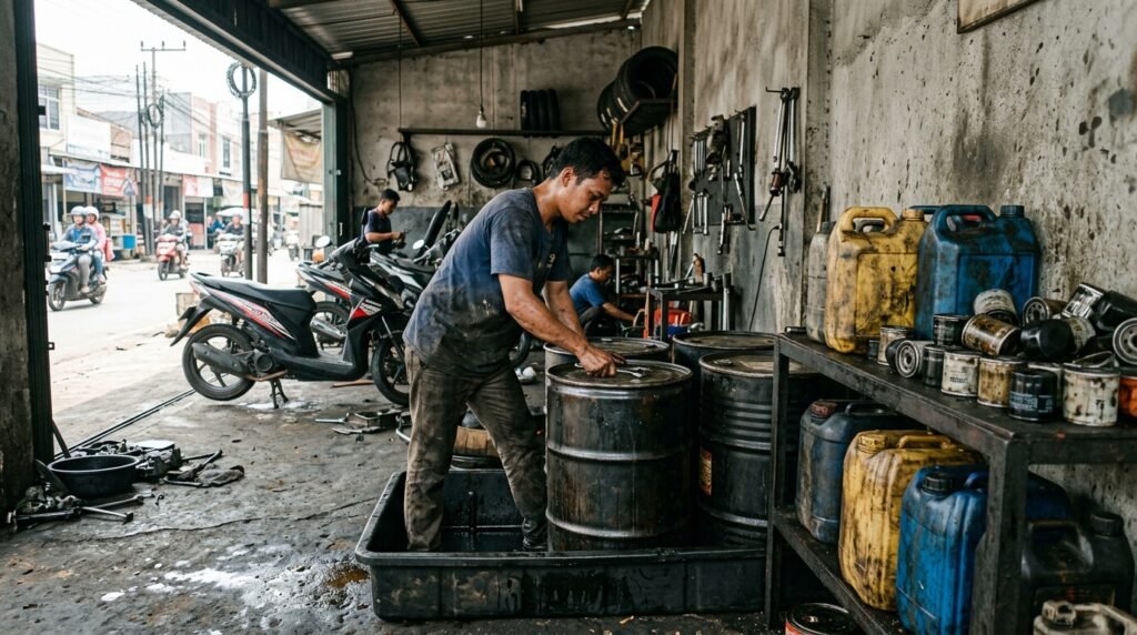 Drum oli bekas tertutup di atas nampan penampung di bengkel motor