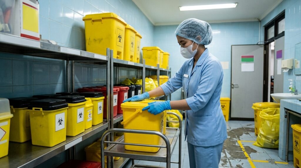 Ruang penyimpanan limbah klinik dengan wadah kuning terpisah untuk benda tajam dan limbah infeksius