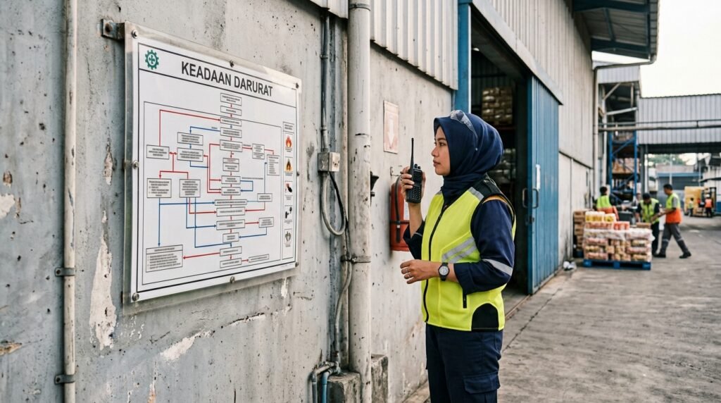 Petugas membaca diagram tanggap darurat yang terpasang di dinding TPS pabrik