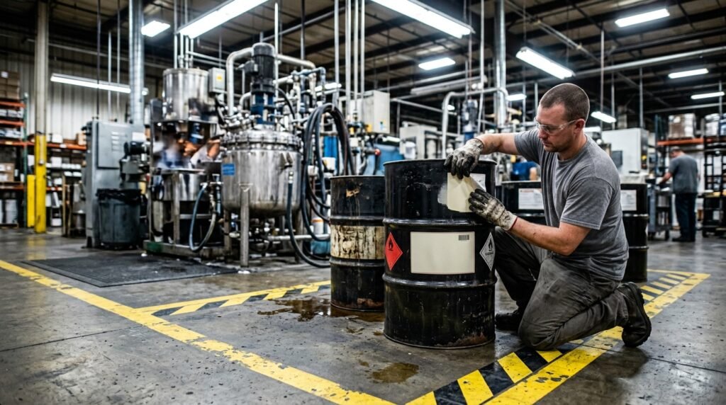 Operator memberi label pada drum limbah pelarut di area pengumpulan lantai produksi