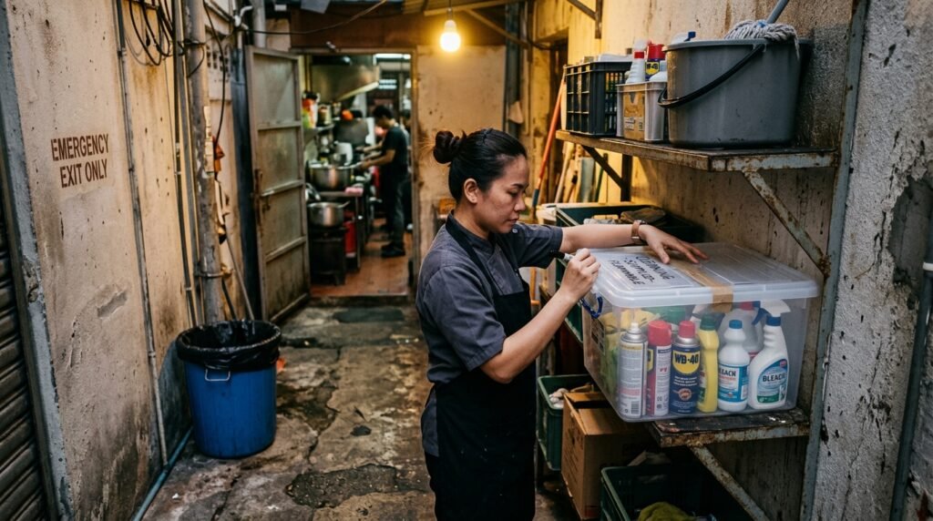 Staf restoran memberi label wadah bahan kimia bekas di area belakang dapur