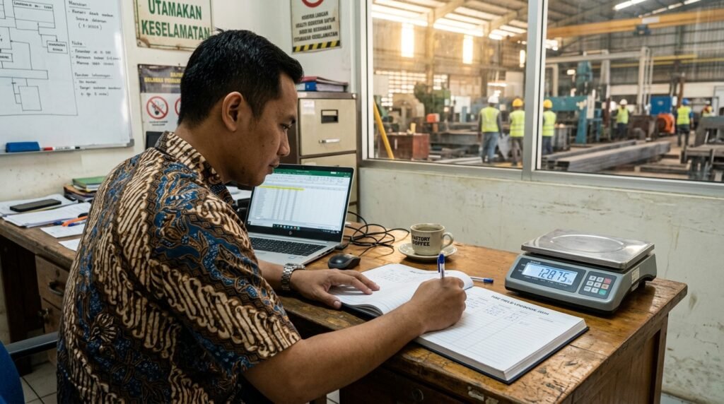 Staf HSE menyalin data timbangan limbah ke logbook dan laptop di meja kantor