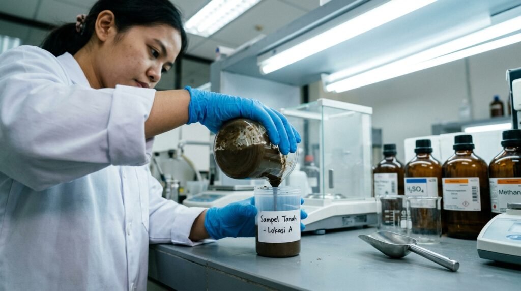 Teknisi laboratorium menyiapkan sampel lumpur limbah untuk uji karakteristik