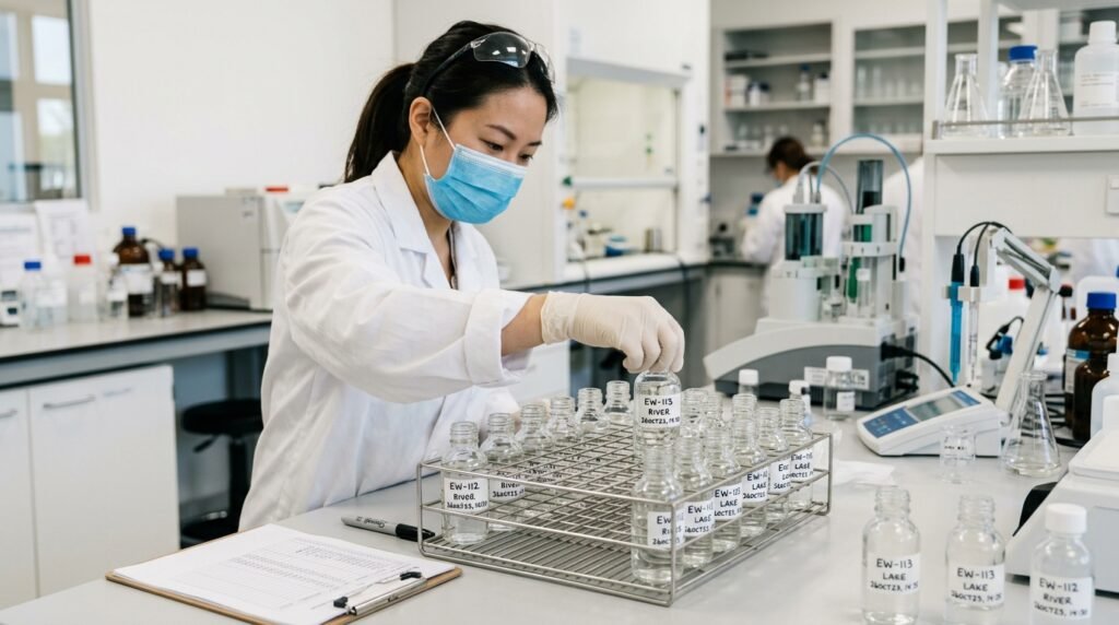 Analis laboratorium menata botol sampel air untuk uji parameter lingkungan