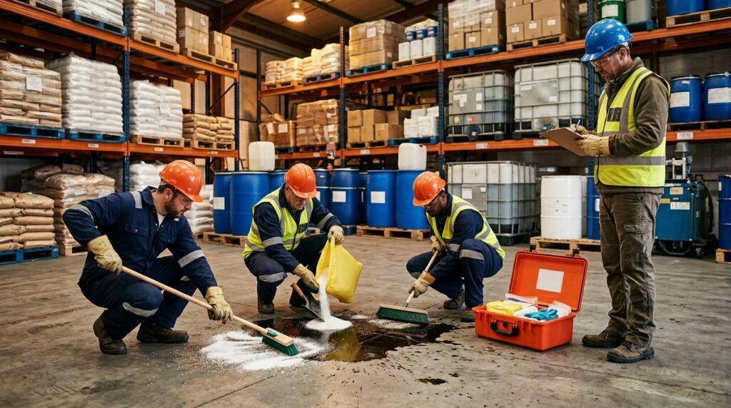Pekerja berlatih menangani tumpahan limbah cair dengan spill kit di gudang pabrik