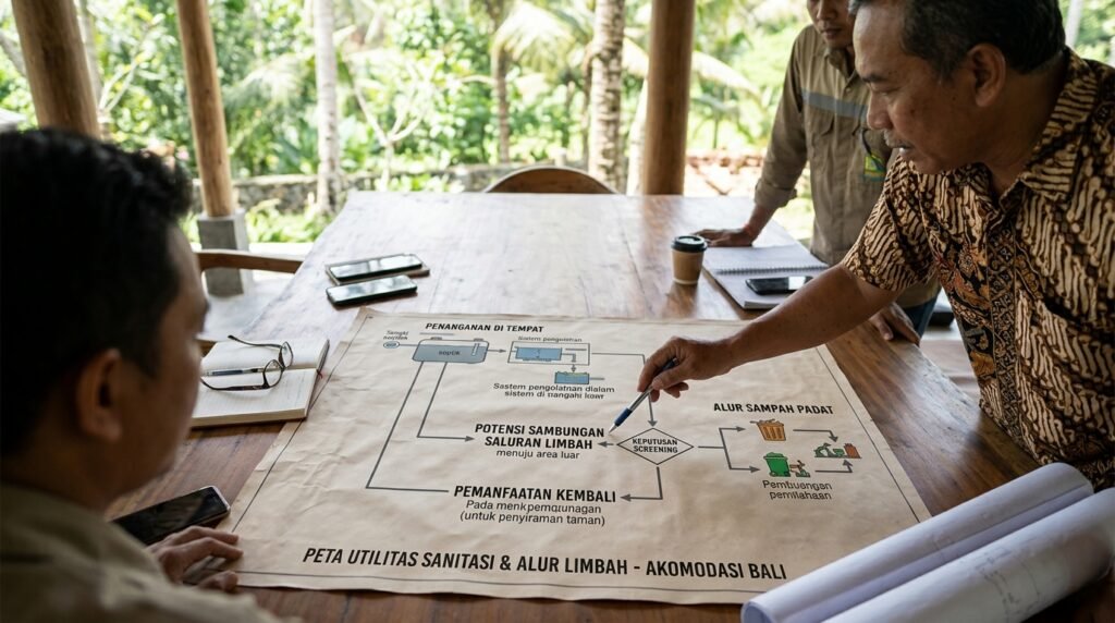 jasa konsultan pengurusan perizinan lingkungan amdal ukl-upl sppl bali — peta utilitas hospitality Bali dengan on-site treatment, kemungkinan sewer connection, reuse