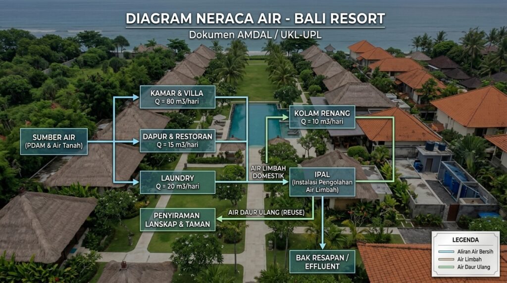 jasa konsultan pengurusan perizinan lingkungan amdal ukl-upl sppl bali — resort Bali dengan water balance untuk kamar, laundry, kitchen, pool, landscape, dan wastewater