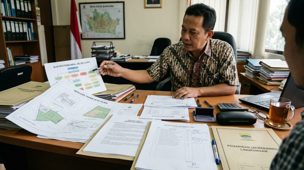 jasa konsultan pengurusan perizinan lingkungan amdal ukl-upl sppl bandung — meja screening Bandung dengan project brief, site plan, capacity basis, waste-water-emission checklist