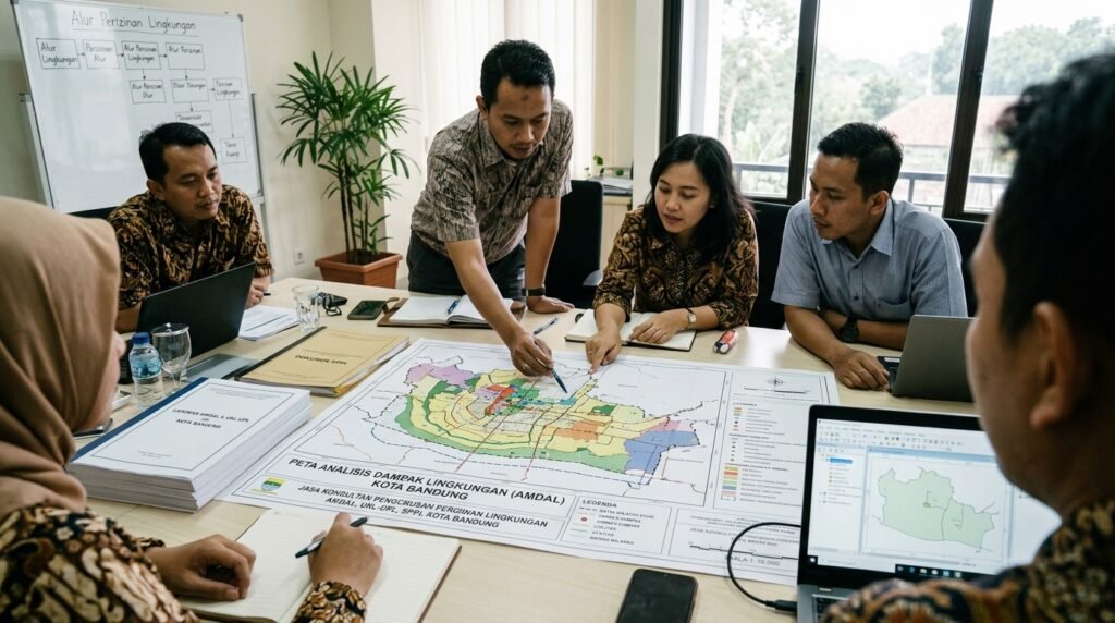 jasa konsultan pengurusan perizinan lingkungan amdal ukl-upl sppl bandung — peta proyek Bandung dengan layer kegiatan, skala, utilitas, sumber dampak, dan boundary fasilitas yang d