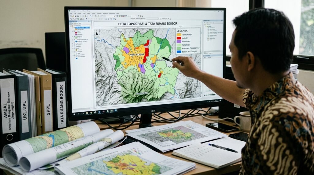 jasa konsultan pengurusan perizinan lingkungan amdal ukl-upl sppl bogor — peta topografi Bogor dengan layer permukiman, industri, pariwisata, pertanian, dan area resapan