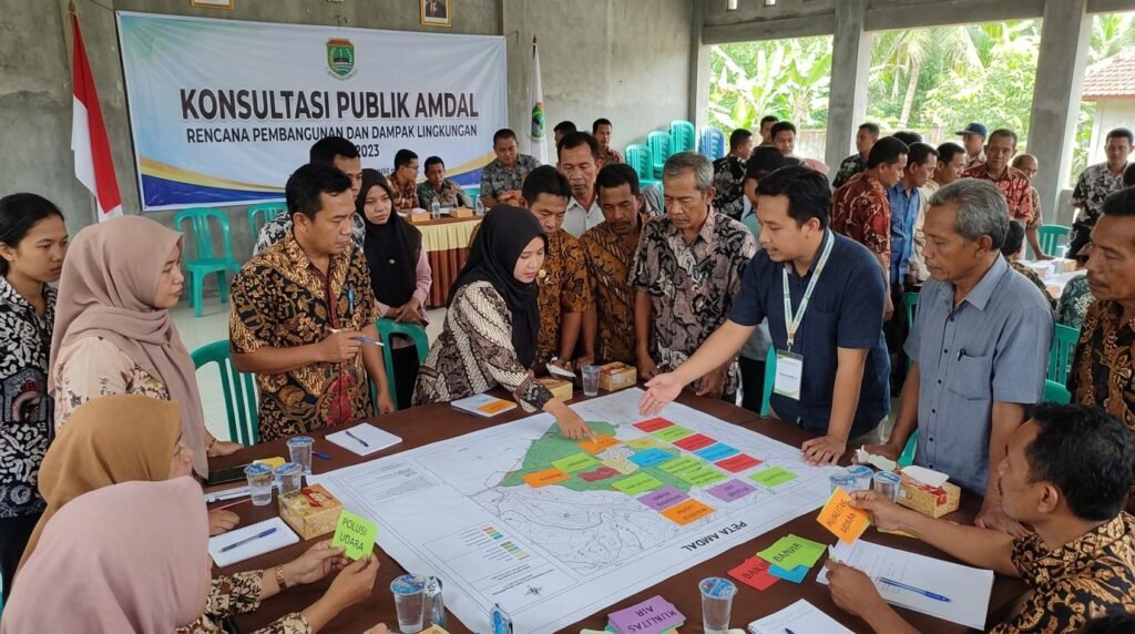konsultasi publik amdal — forum warga dengan peta tapak dan kartu isu lingkungan