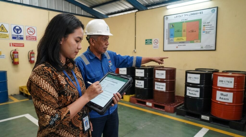 izin penyimpanan limbah b3 — audit TPS menggunakan tablet dan layout aktual 