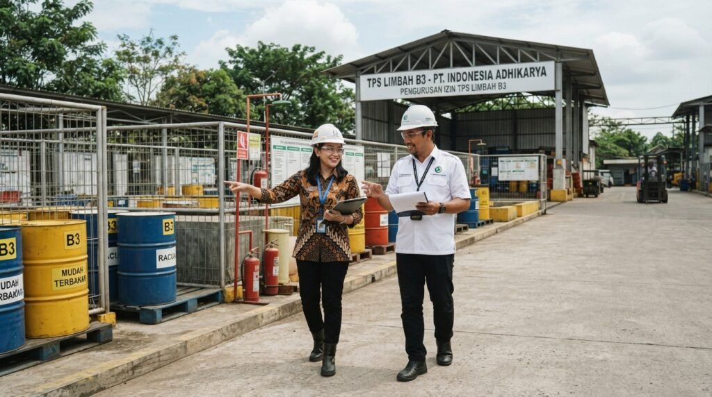 pengurusan izin tps limbah b3 — site walk konsultan dan PIC EHS di TPS