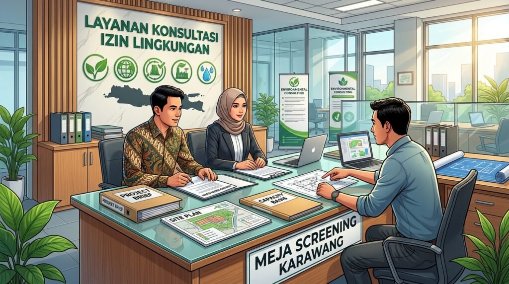 jasa konsultan pengurusan perizinan lingkungan amdal ukl-upl sppl karawang — meja screening Karawang dengan project brief, site plan, capacity basis, waste-water-emission checklist