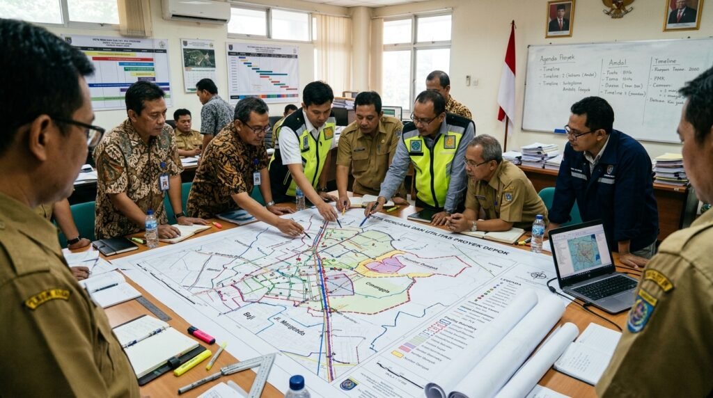 jasa konsultan pengurusan perizinan lingkungan amdal ukl-upl sppl depok — peta proyek Depok dengan layer kegiatan, skala, utilitas, sumber dampak, dan boundary fasilitas