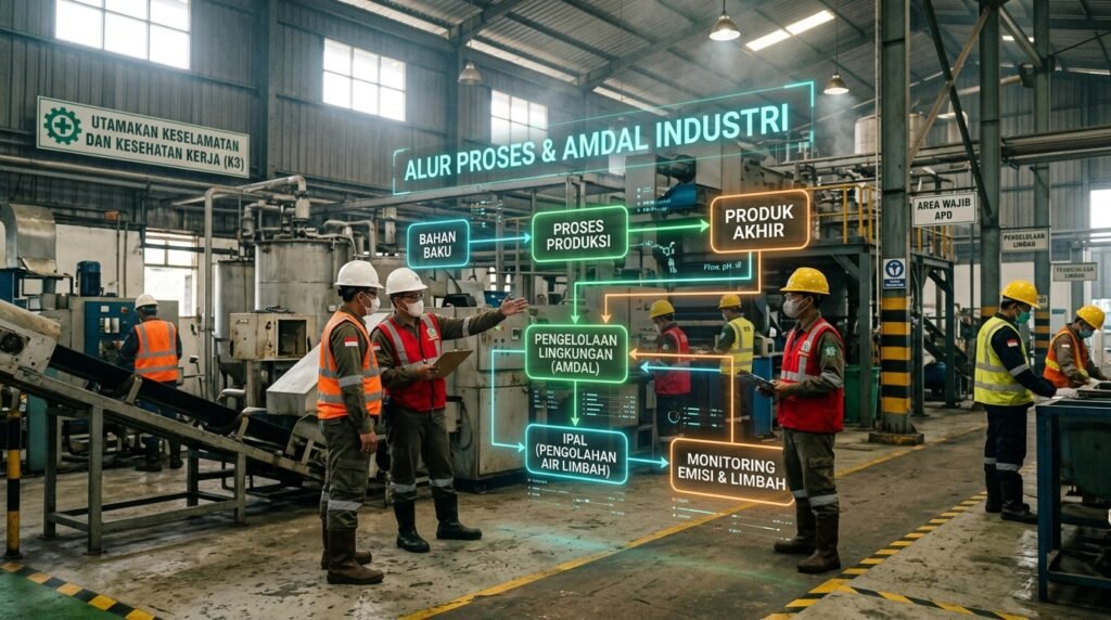 amdal industri — lantai pabrik dengan process-flow overlay