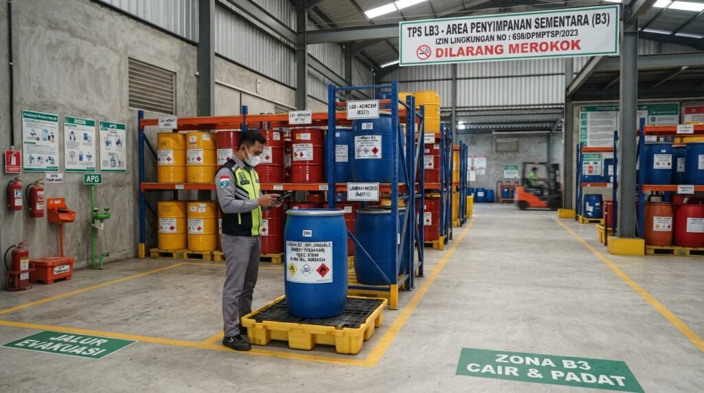 
[ ALT TEXT GAMBAR: izin penyimpanan limbah b3 — interior TPS LB3 dengan zoning aisle dan containment