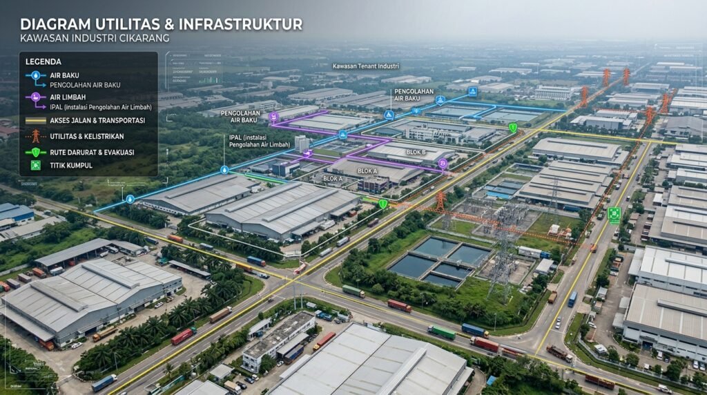 jasa konsultan pengurusan perizinan lingkungan amdal ukl-upl sppl cikarang — kawasan industri Cikarang dengan diagram tenant-estate untuk air baku, air limbah, jalan, utility