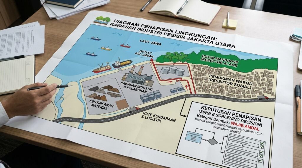  jasa konsultan pengurusan perizinan lingkungan amdal ukl-upl sppl jakarta utara — diagram industri pesisir Jakarta Utara dengan outlet air limbah, storage bahan, jalur kendaraan, dan rece