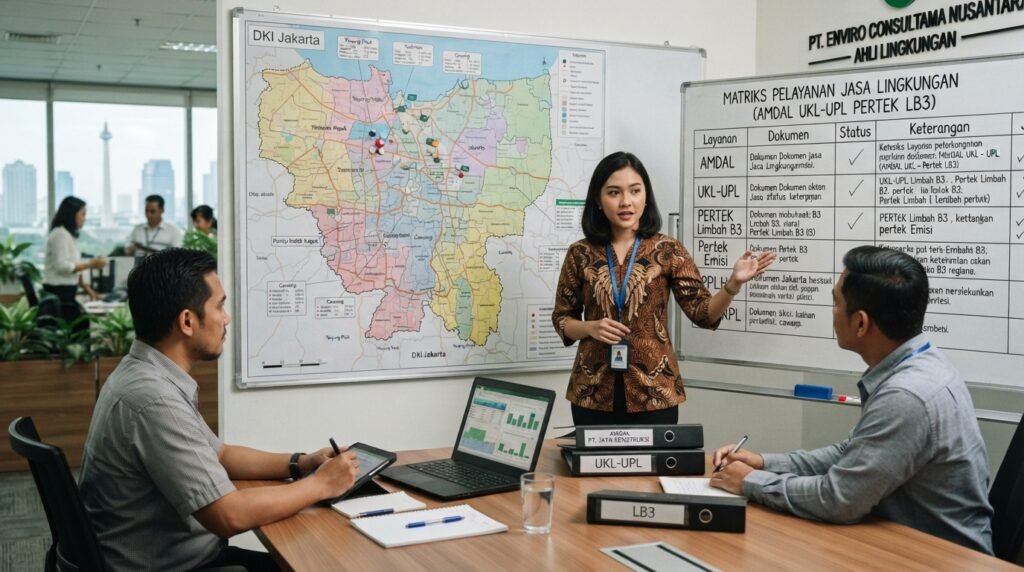 jasa konsultan perizinan lingkungan jakarta — peta Jakarta dengan service matrix AMDAL UKL-UPL Pertek LB3