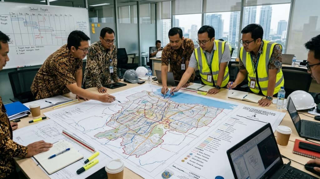jasa konsultan pengurusan perizinan lingkungan amdal ukl-upl sppl jakarta — peta proyek Jakarta dengan layer kegiatan, skala, utilitas, sumber dampak, dan boundary fasilitas yang di