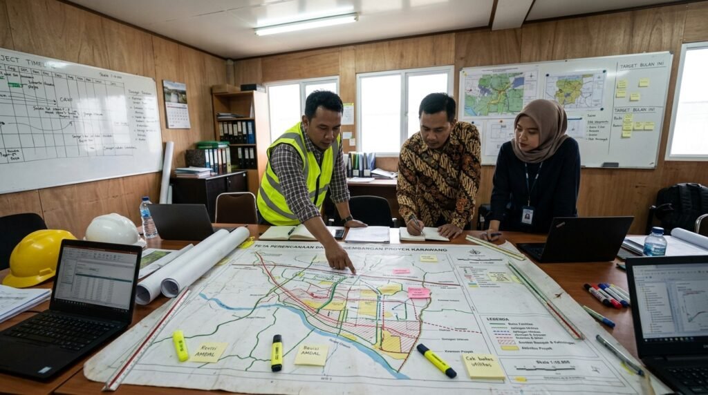 jasa konsultan pengurusan perizinan lingkungan amdal ukl-upl sppl karawang — peta proyek Karawang dengan layer kegiatan, skala, utilitas, sumber dampak, dan boundary fasilitas yang d