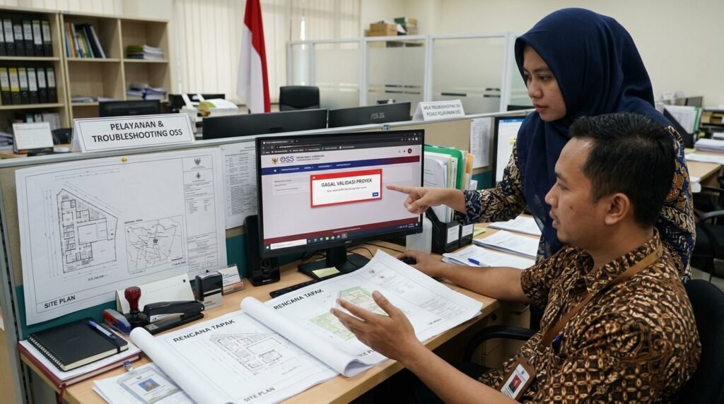 gagal validasi proyek oss — meja troubleshooting OSS dengan screenshot error dan dua site plan