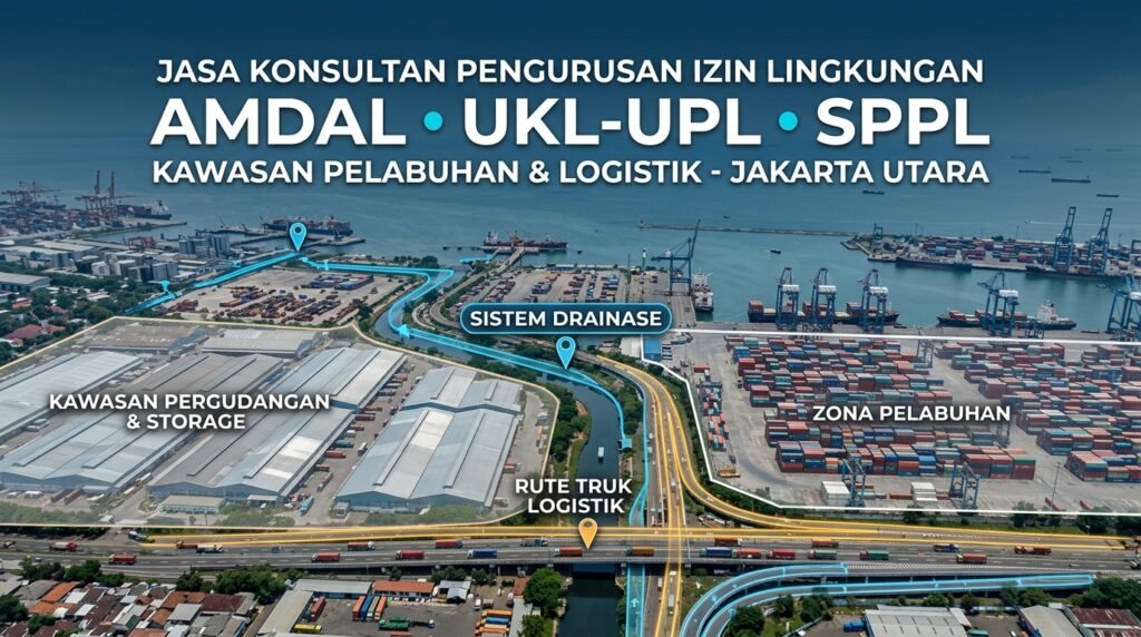 jasa konsultan pengurusan perizinan lingkungan amdal ukl-upl sppl jakarta utara — kawasan pelabuhan dan logistik Jakarta Utara dengan overlay truck route, drainase, gudang, storage, dan p