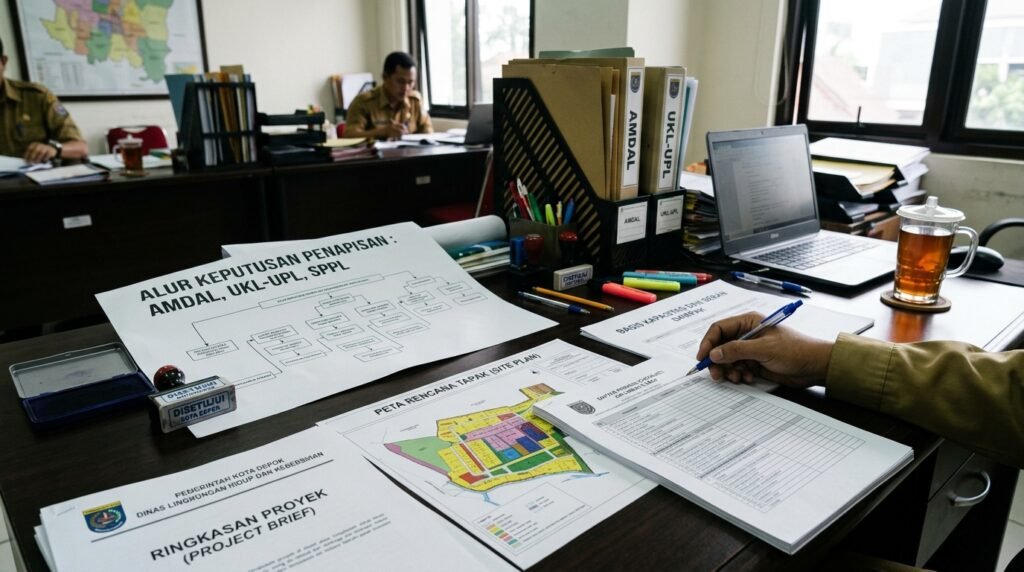 jasa konsultan pengurusan perizinan lingkungan amdal ukl-upl sppl depok — meja screening Depok dengan project brief, site plan, capacity basis, waste-water-emission checklist