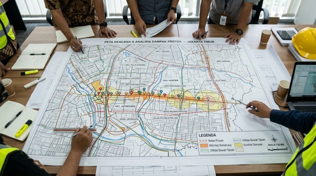 jasa konsultan pengurusan perizinan lingkungan amdal ukl-upl sppl jakarta timur — peta proyek Jakarta Timur dengan layer kegiatan, skala, utilitas, sumber dampak, dan boundary fasilitas