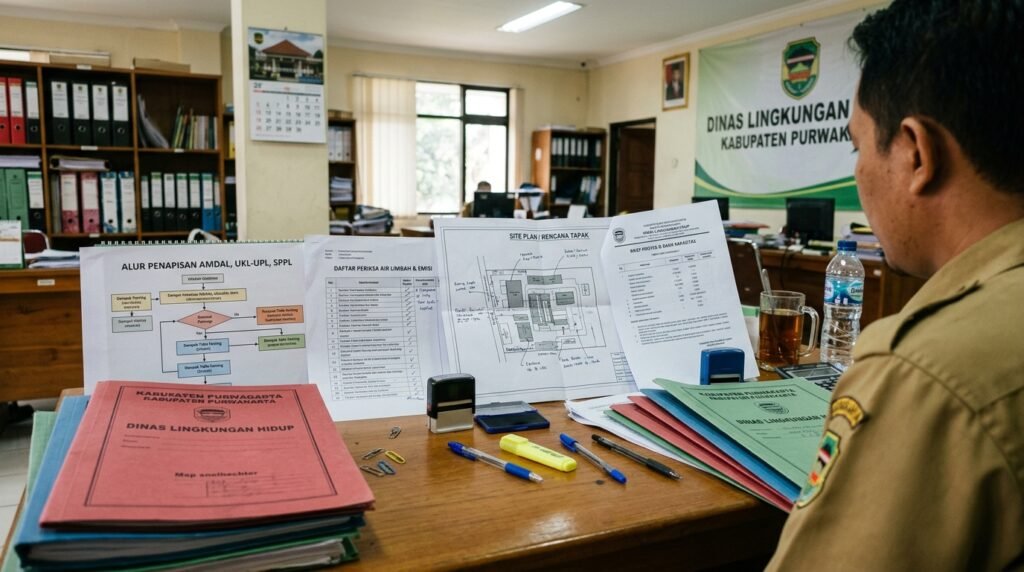 jasa konsultan pengurusan perizinan lingkungan amdal ukl-upl sppl purwakarta — meja screening Purwakarta dengan project brief, site plan, capacity basis, waste-water-emission checklist