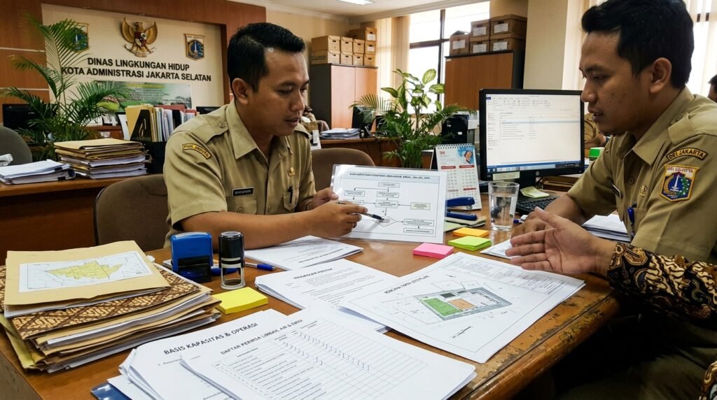 jasa konsultan pengurusan perizinan lingkungan amdal ukl-upl sppl jakarta pusat — meja screening Jakarta Pusat dengan project brief, site plan, capacity basis, waste-water-emission check