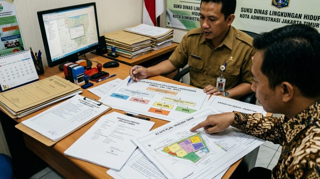  jasa konsultan pengurusan perizinan lingkungan amdal ukl-upl sppl jakarta barat — meja screening Jakarta Barat dengan project brief, site plan, capacity basis, waste-water-emission