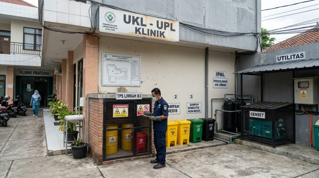ukl upl klinik — klinik kecil dengan titik waste dan utility diberi penanda