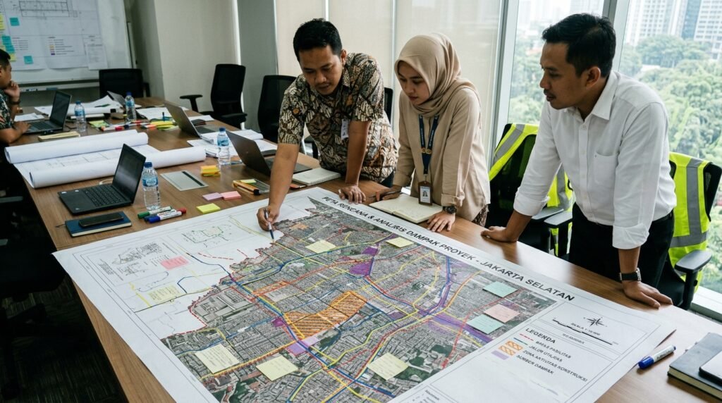 jasa konsultan pengurusan perizinan lingkungan amdal ukl-upl sppl jakarta selatan — peta proyek Jakarta Selatan dengan layer kegiatan, skala, utilitas, sumber dampak, dan boundary fasilitas