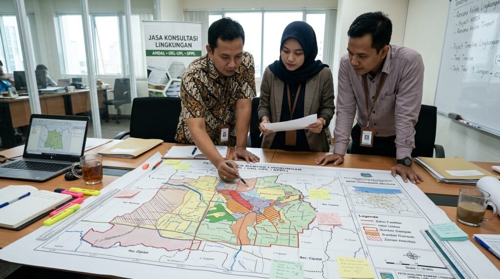 jasa konsultan pengurusan perizinan lingkungan amdal ukl-upl sppl tangerang selatan — peta proyek Tangerang Selatan dengan layer kegiatan, skala, utilitas, sumber dampak, dan boundary fasilit 