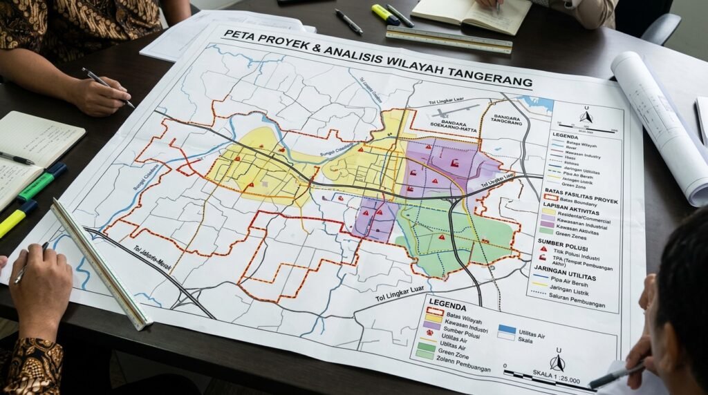 jasa konsultan pengurusan perizinan lingkungan amdal ukl-upl sppl tangerang — peta proyek Tangerang dengan layer kegiatan, skala, utilitas, sumber dampak, dan boundary fasilitas yang 