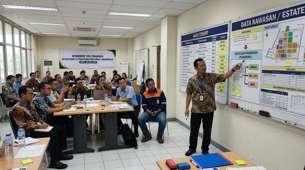 jasa konsultan pengurusan perizinan lingkungan amdal ukl-upl sppl cikarang — workshop EHS Cikarang dengan data tenant dan data estate dipisah pada dua papan besar